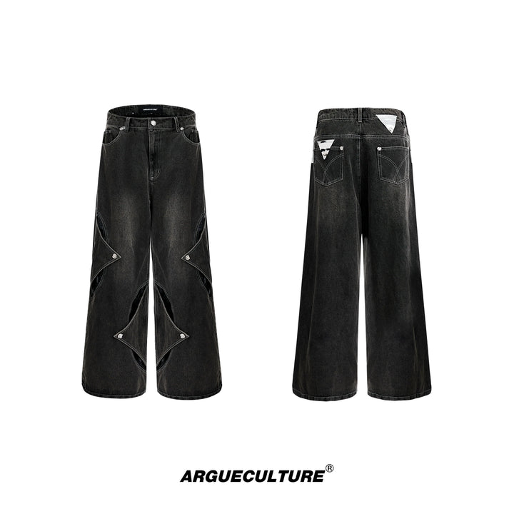 Vintage Washed Denim Pants with Geometric Line and Irregular Cut - ArgueCulture