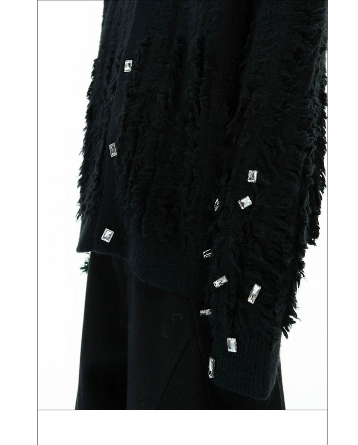 Rhinestone Knit Cardigan Sweater with Fringe Hem - ArgueCulture