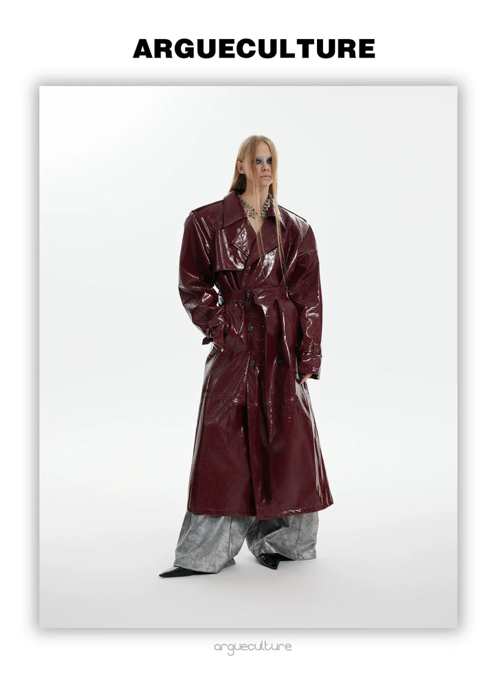 Futuristic Liquid-Look Faux Leather Trench Coat with Shoulder Pads - ArgueCulture