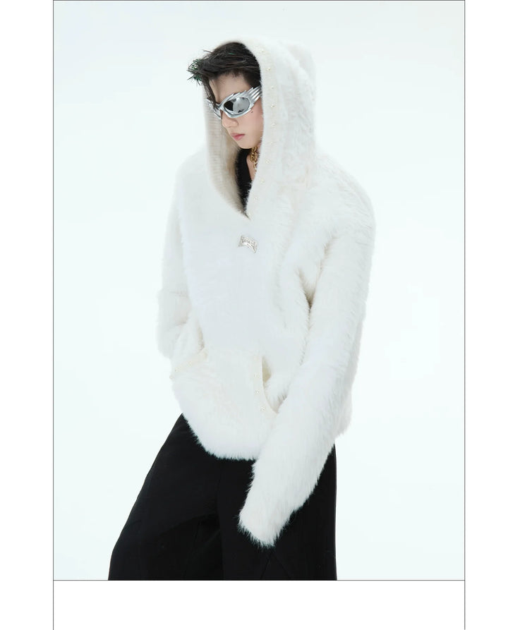 Pearl Trimmed Faux Mink Hoodie Sweater Loose Plush Sweatshirt - ArgueCulture