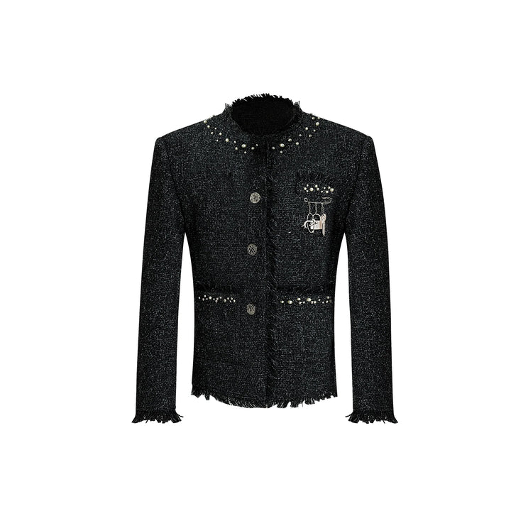 Pearl-Embellished Tweed Short Jacket with Metal Accents and Fringe - ArgueCulture