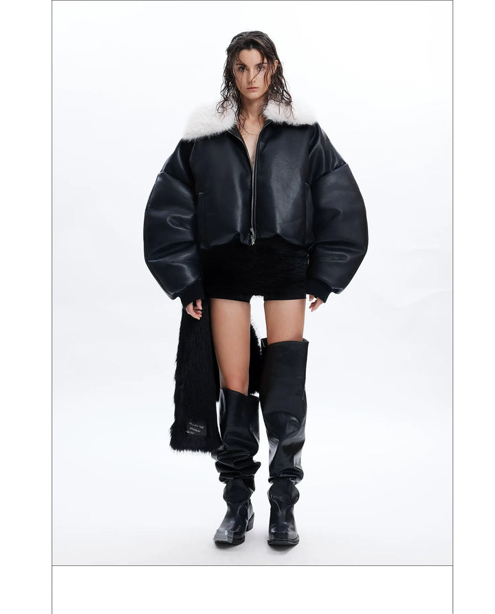 Faux Fur Collar Leather Bomber Jacket with Asymmetrical Design - ArgueCulture