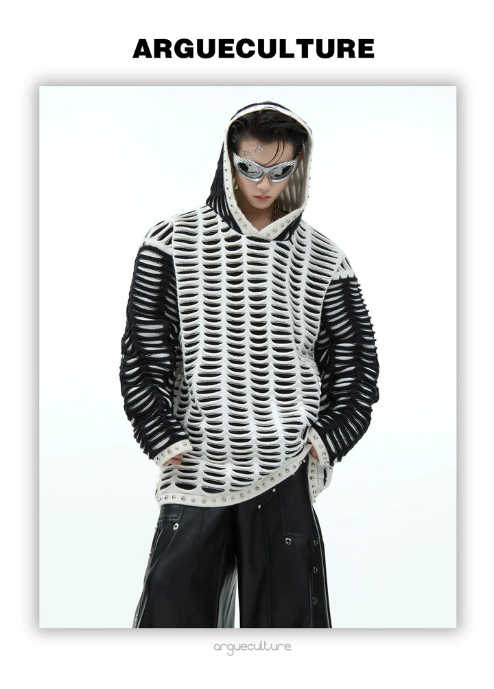 Deconstructed Color Block Hoodie with Hole Design and Bead Details - ArgueCulture