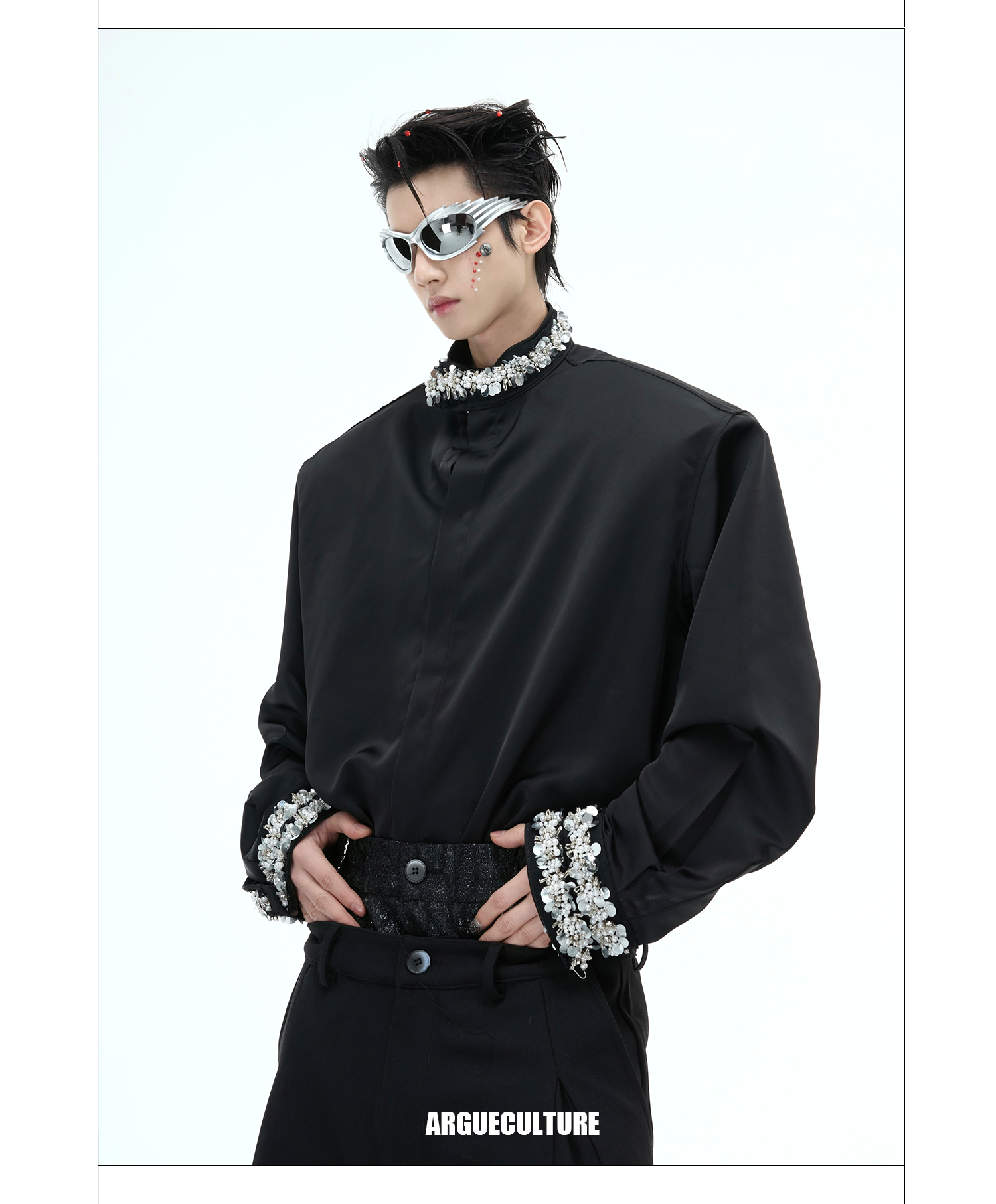 Satin Draped Pearl-Embellished Shirt for Elegant Men & Women - ArgueCulture