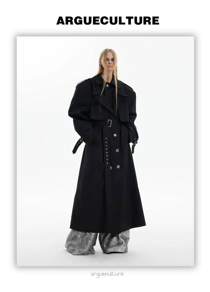 Retro Deconstructed Long Trench Coat with Double-Breasted Design - ArgueCulture