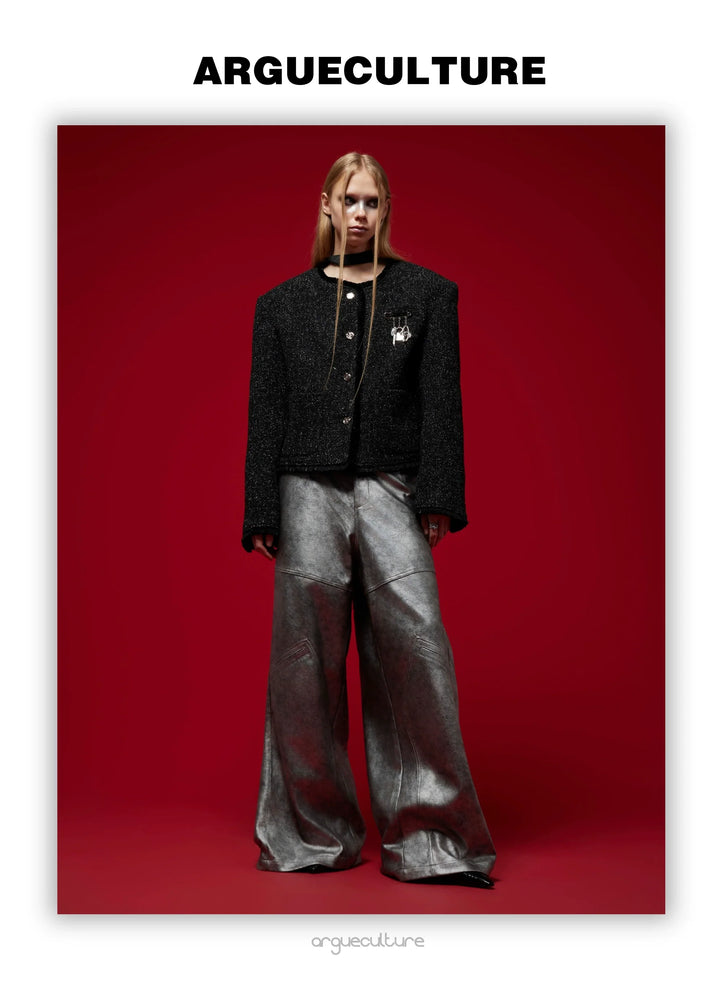 Avant-Garde Silver Wide-Leg Pants with Segmented Lines and Distressed Texture - ArgueCulture