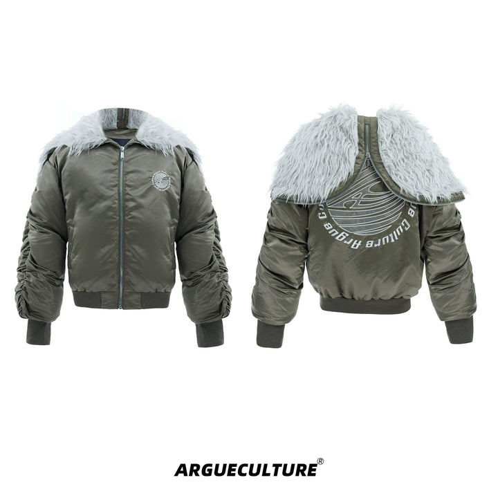 Faux Fur Bomber Jacket with Embroidered Logo - Zippered Hood for Men - ArgueCulture