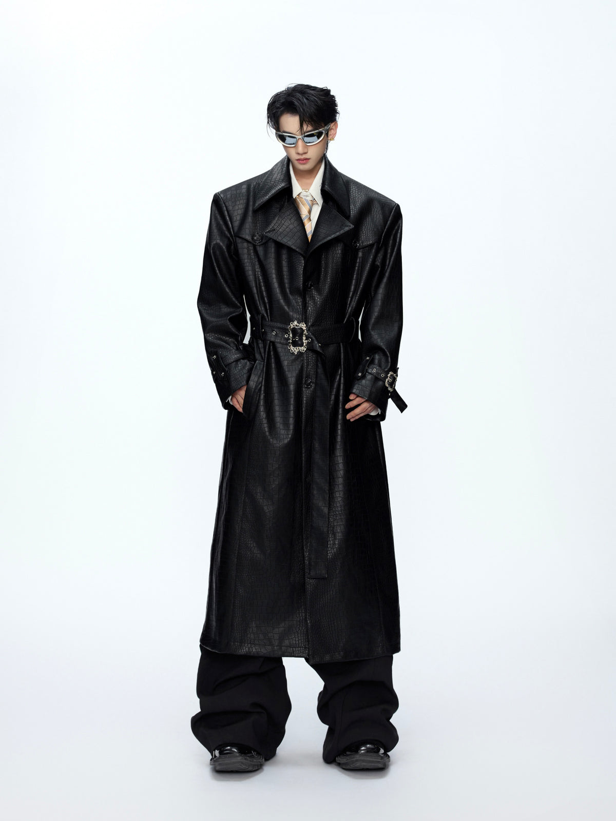 Crocodile-Texture Wide-Shoulder Trench Coat - product image 1