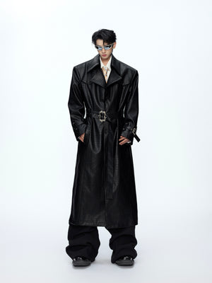 Crocodile-Texture Wide-Shoulder Trench Coat - product image 1