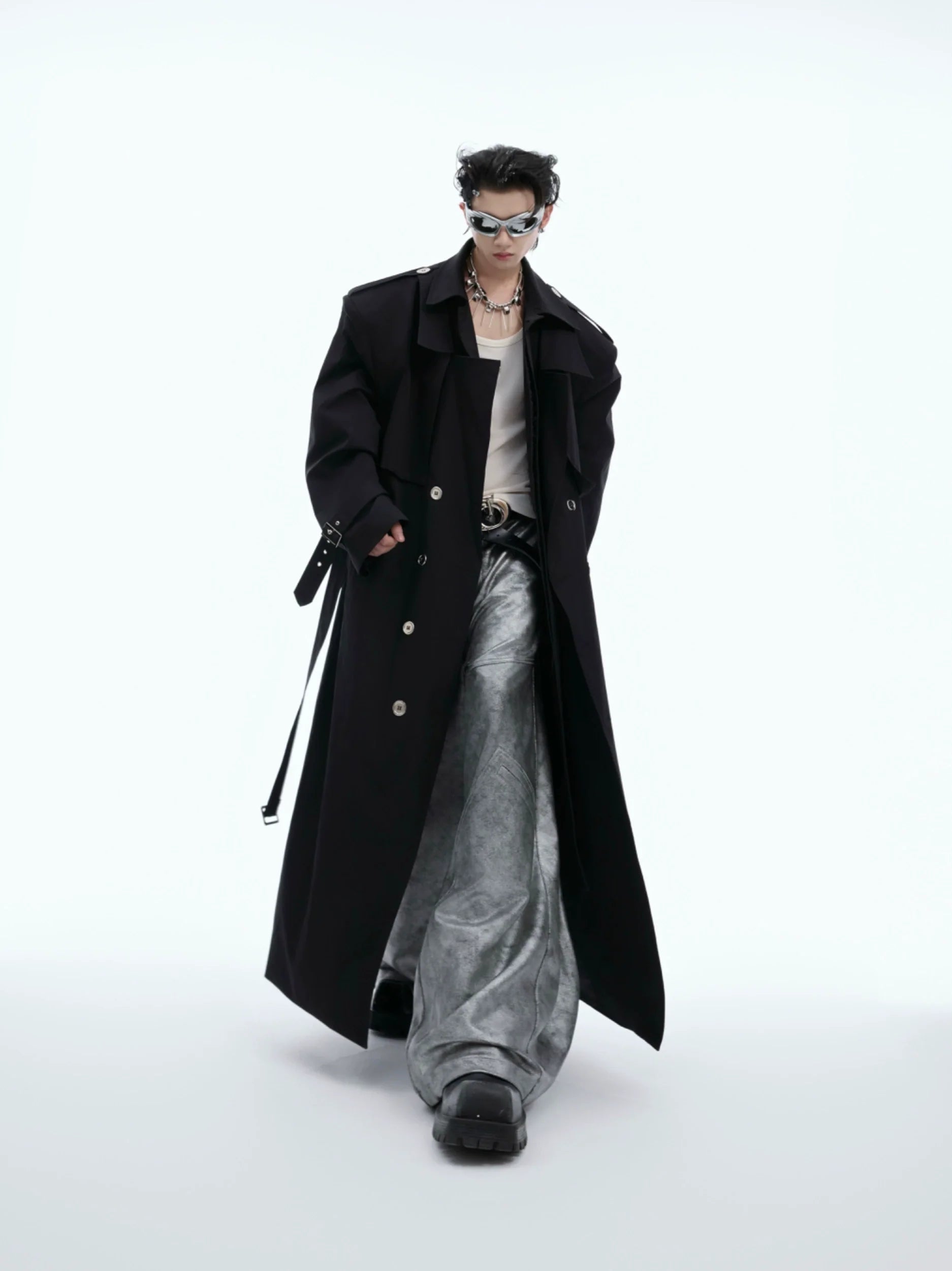 Retro Deconstructed Long Trench Coat with Double-Breasted Design - ArgueCulture