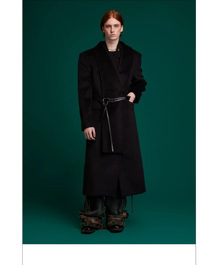 Metal Strap Wool Long Coat with Oversized Scarf Lapel - ArgueCulture