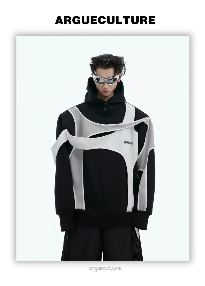 Layered Contrast Hoodie with Strap Design and Detachable Shoulder Pads - ArgueCulture