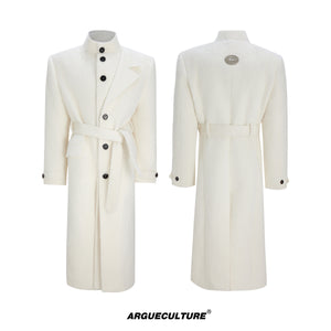 White belted long coat, front and back views