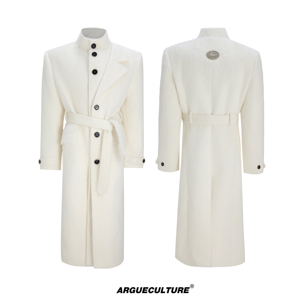 White belted long coat, front and back views