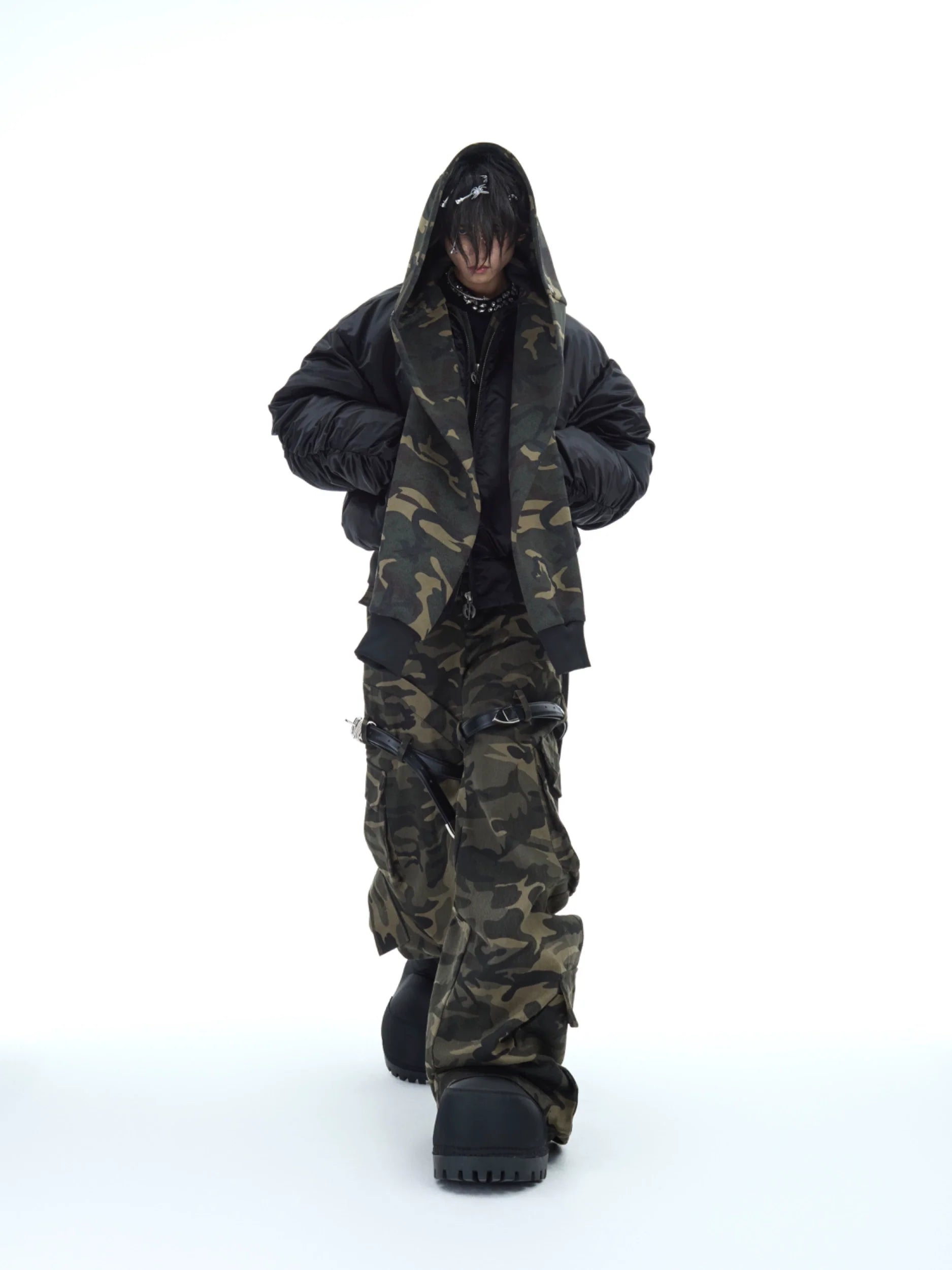 Camouflage Hooded Bomber Jacket with Quilted Sleeves - Winter Warmth - ArgueCulture