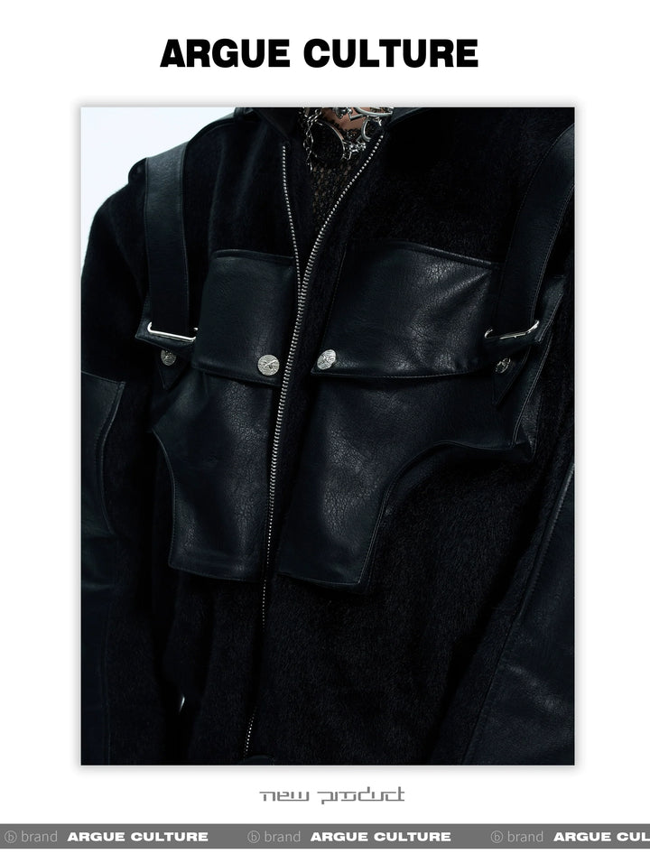 Dual-Fabric Deconstructed PU Leather & Plush Short Bomber Jacket - ArgueCulture