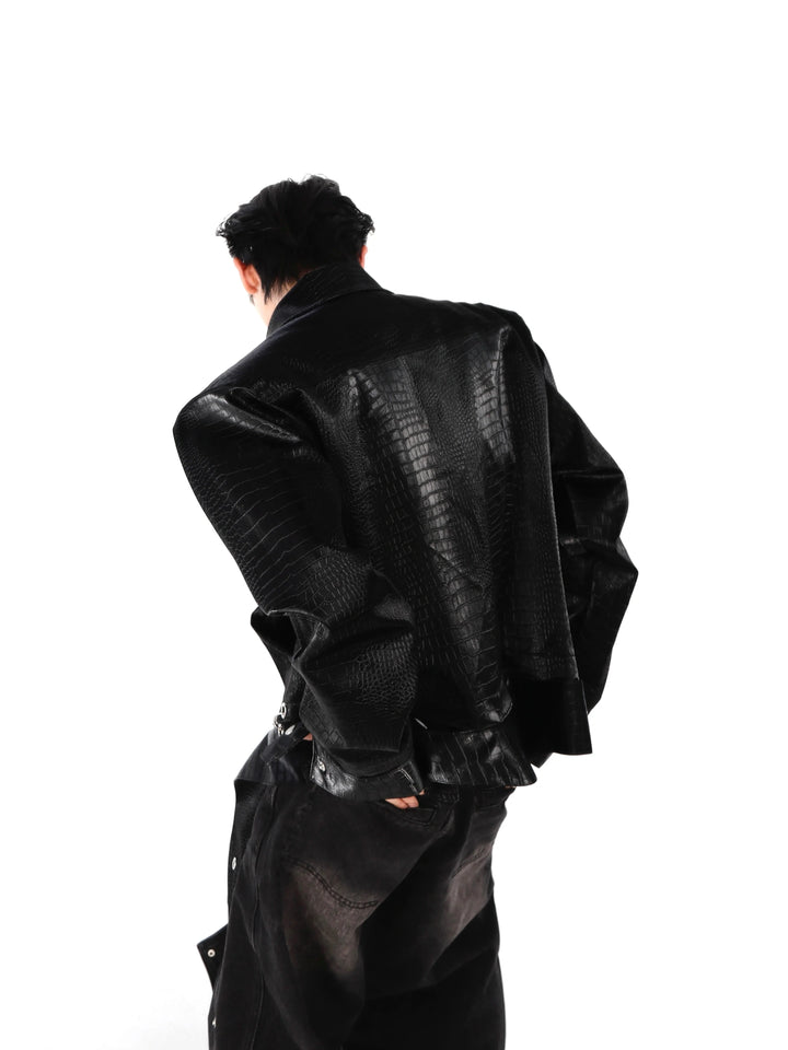 Crocodile PU Leather Jacket with Shoulder Pads and Split Hem Design - ArgueCulture