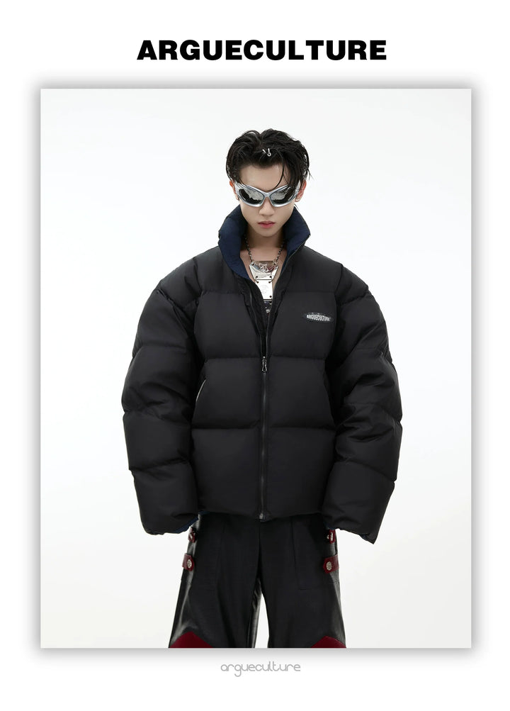 Reversible White Duck Down Puffer Jacket with Metal Logo - ArgueCulture