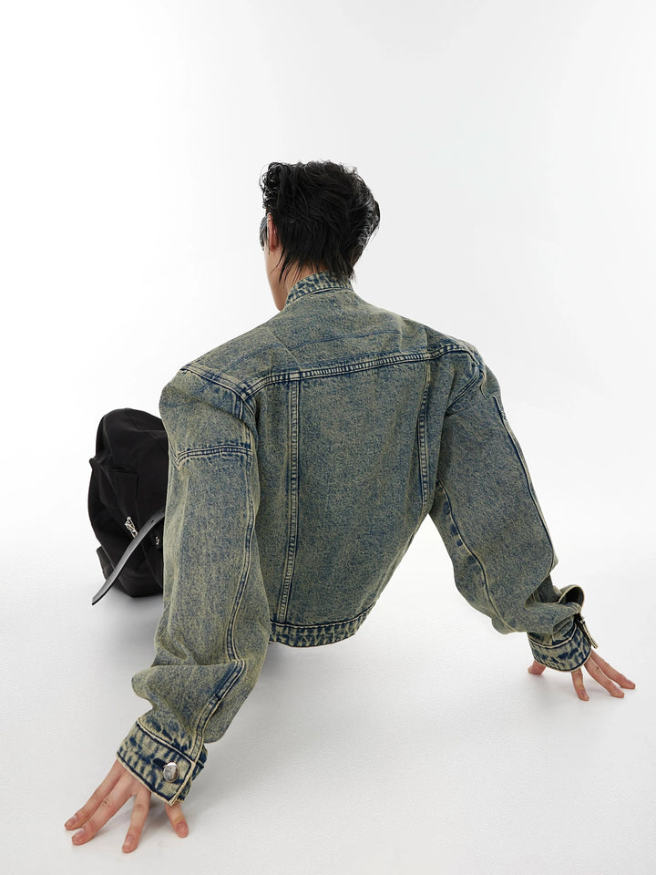 Washed Denim Jacket with Metal Spike Details & Shoulder Pads - ArgueCulture