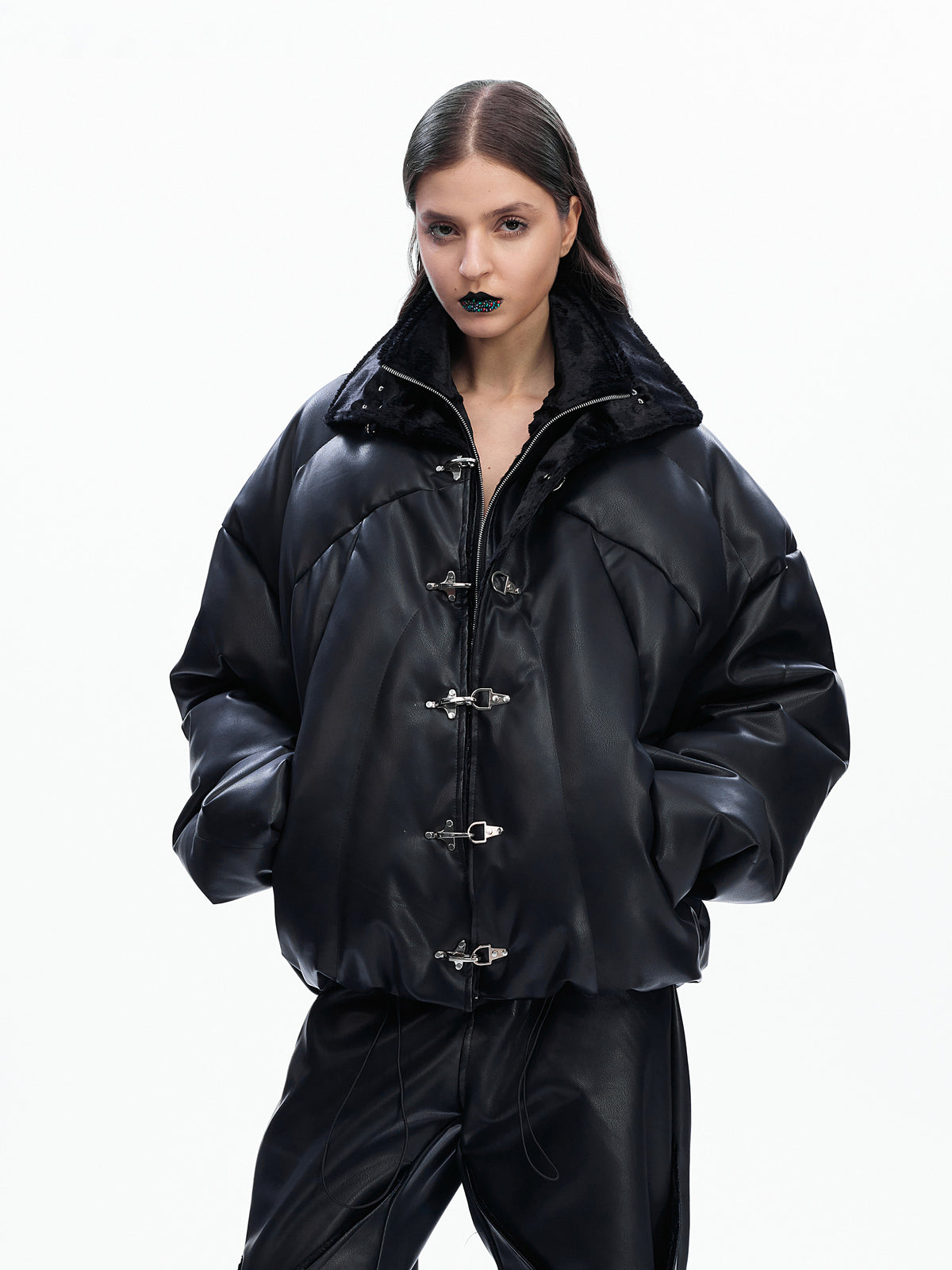 Deconstructed Faux Leather Padded Jacket - product image 2