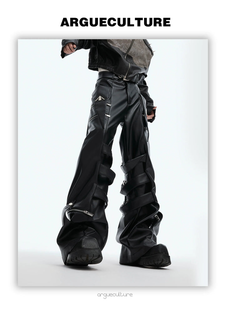 Punk Faux Leather Cargo Pants with Multi-Layer Straps - ArgueCulture