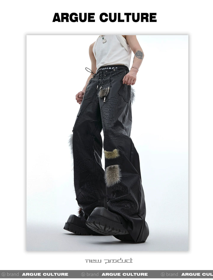 Avant-Garde PU Leather Pants with Flared Hem and Textured Details - ArgueCulture