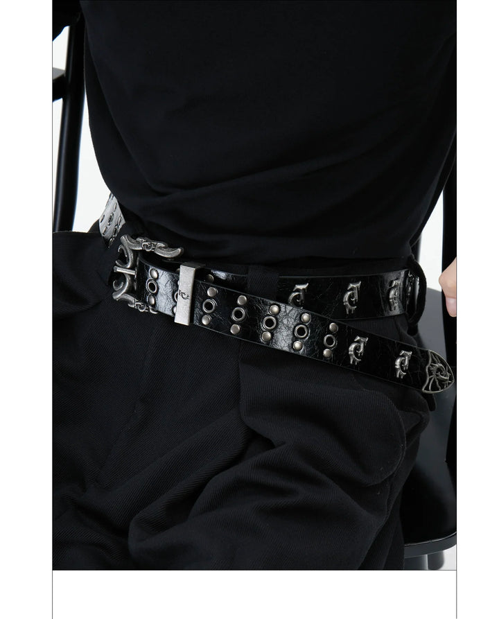 Retro Punk Genuine Leather Belt with Rivet and Metallic Logo - ArgueCulture