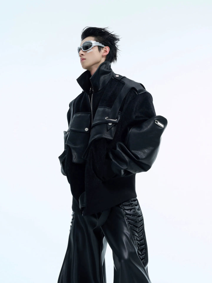 Dual-Fabric Deconstructed PU Leather & Plush Short Bomber Jacket - ArgueCulture