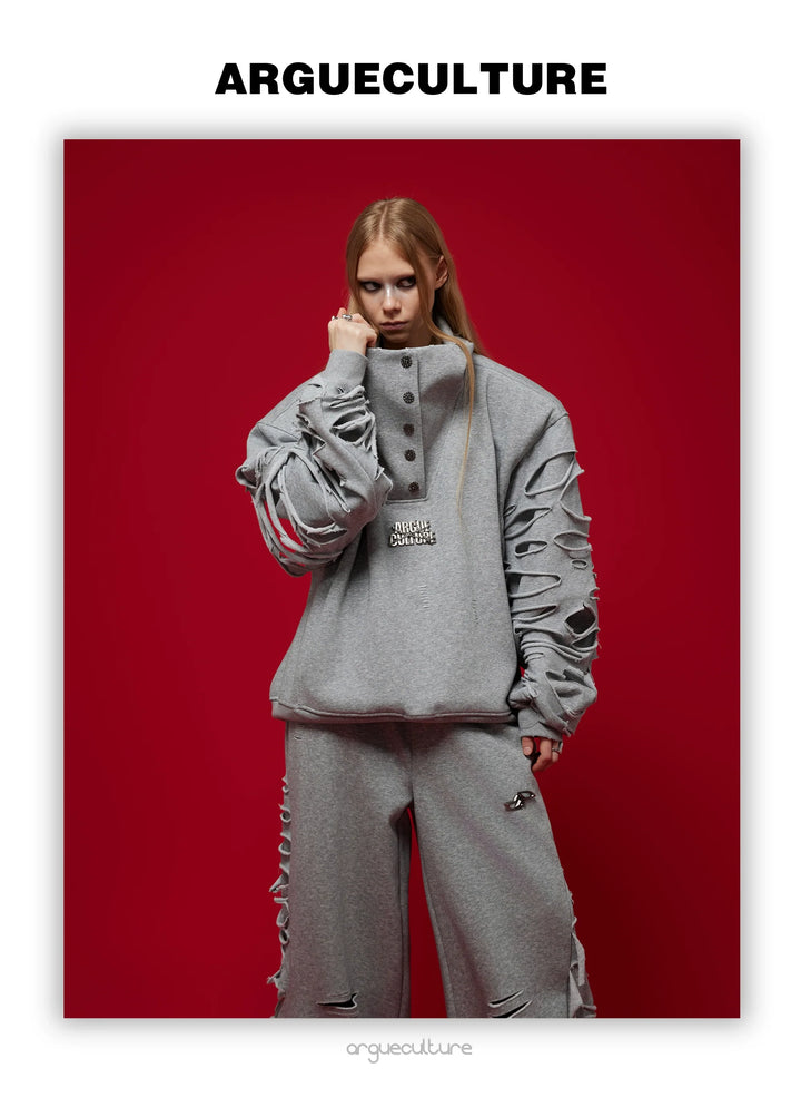 Asymmetrical Cut Fringe Trim Track Suit with Detachable Stand Collar - ArgueCulture