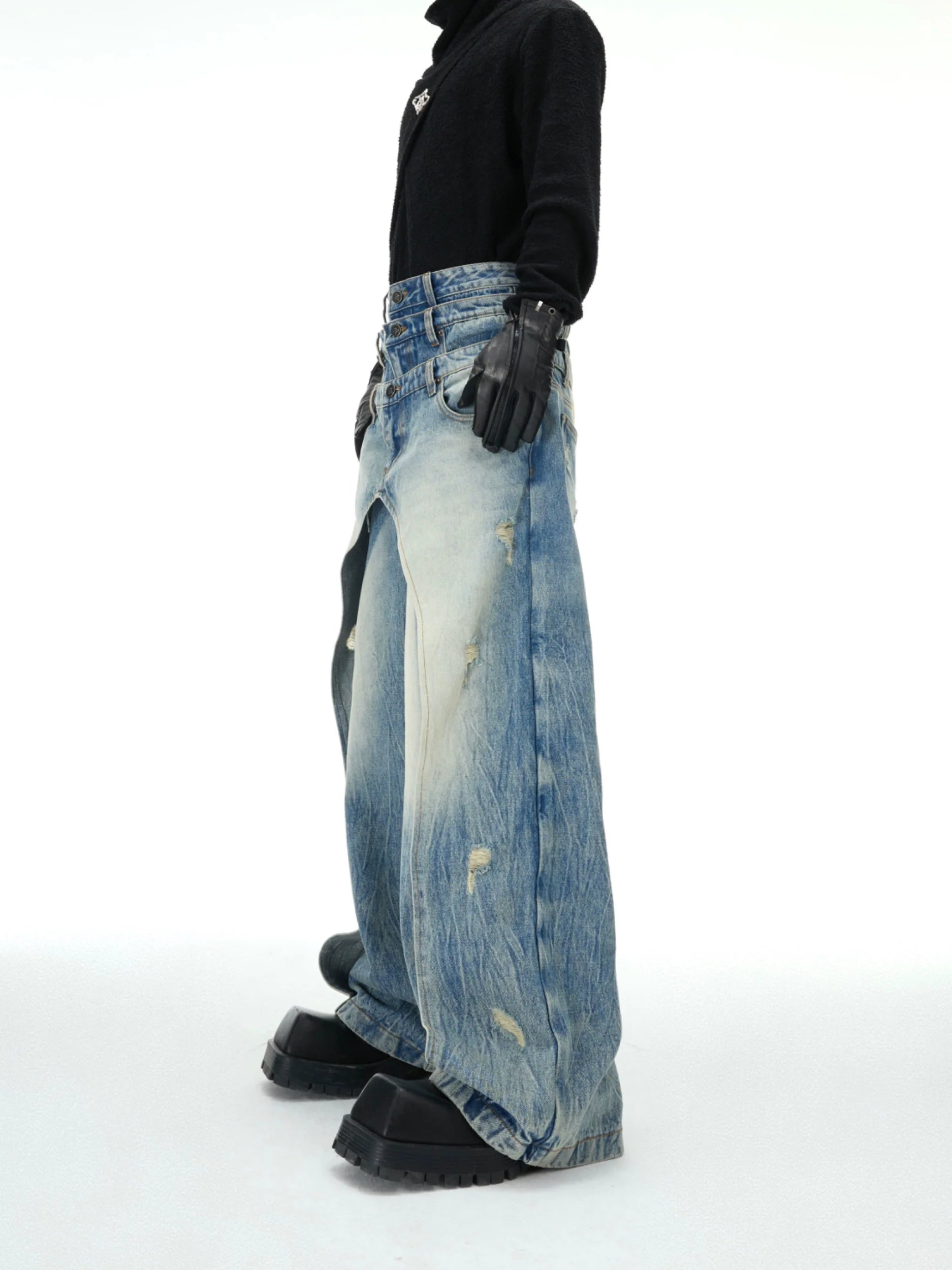 Triple Waistband Wash Blue Denim Jeans Distressed Vintage Design - ArgueCulture