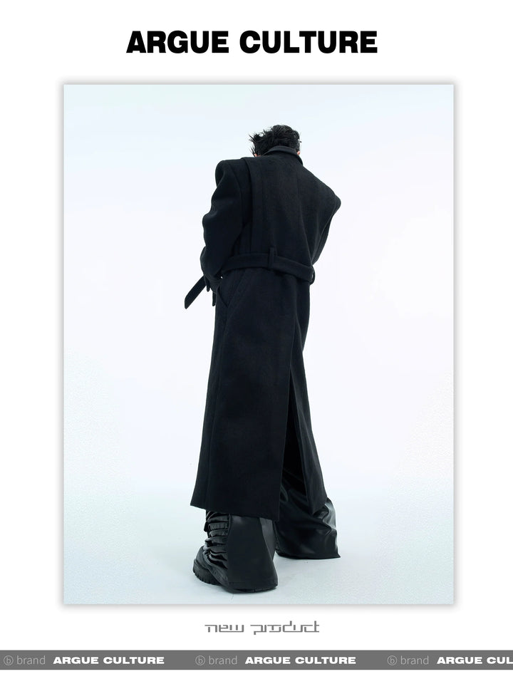 Metal Buckle Wool Coat with Shoulder Pads & Belt for Fall Winter - ArgueCulture