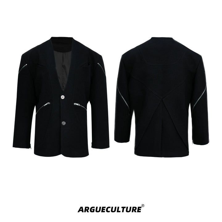 Deconstructed Double Zipper No-Collar Casual Blazer for Men - ArgueCulture