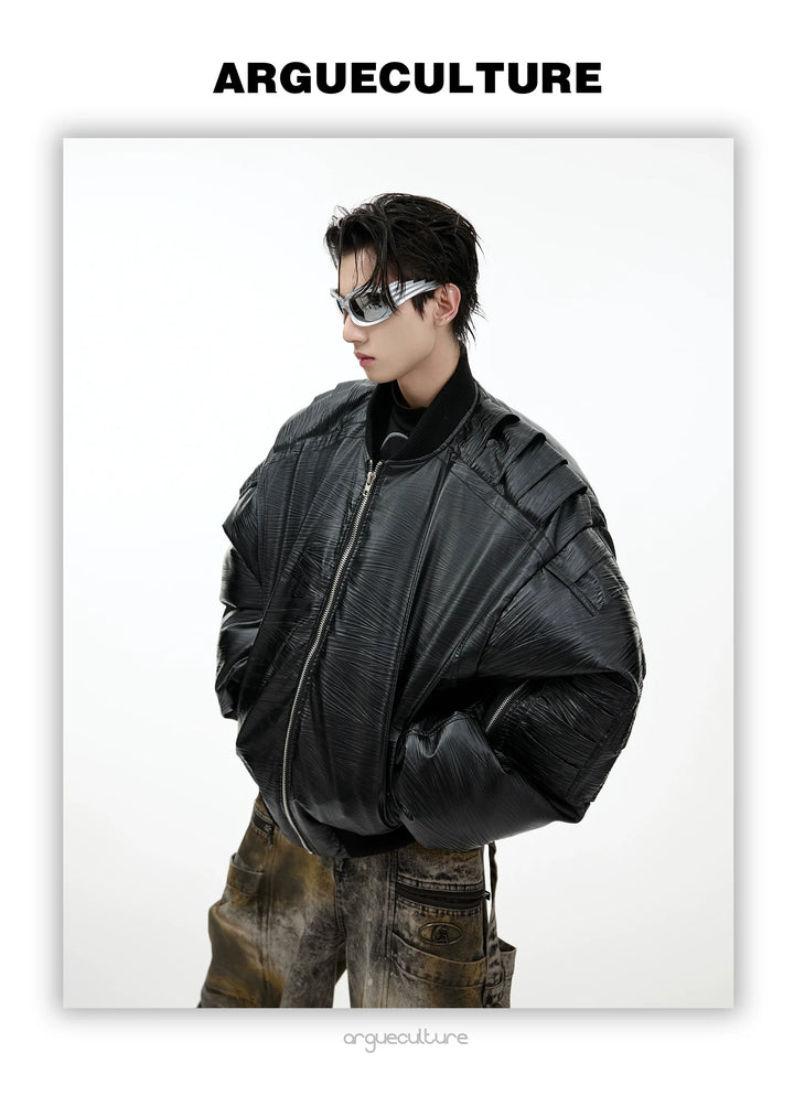 Layered Faux Leather Bomber Jacket with Metallic Accents - ArgueCulture