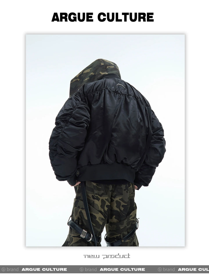 Camouflage Hooded Bomber Jacket with Quilted Sleeves - Winter Warmth - ArgueCulture