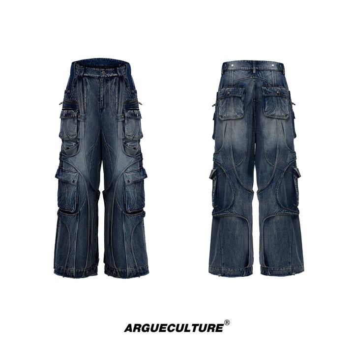 Vintage Washed Wide-Leg Denim Cargo Pants with Strap Details - ArgueCulture