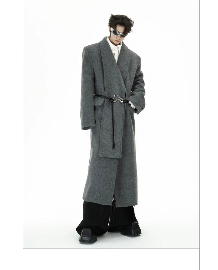 Metal Strap Wool Long Coat with Oversized Scarf Lapel - ArgueCulture