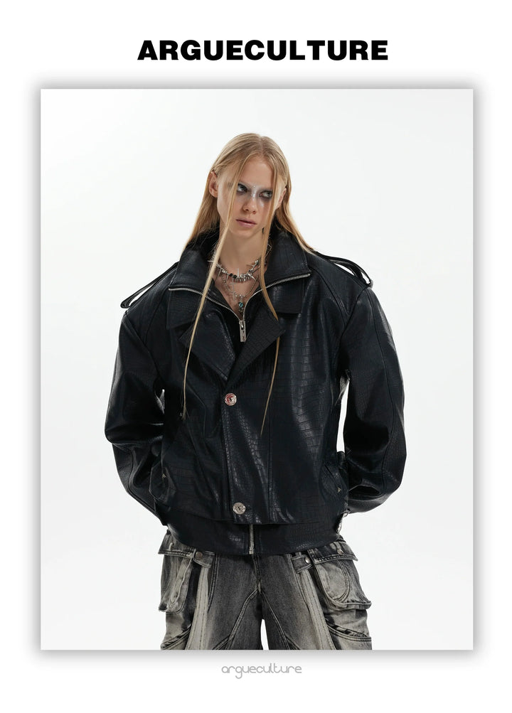 Crocodile Texture Biker Jacket – Retro Faux Leather Design - ArgueCulture