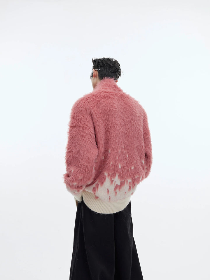 Gradient Knit Cardigan Faux Fur Texture with Metal Buttons - ArgueCulture