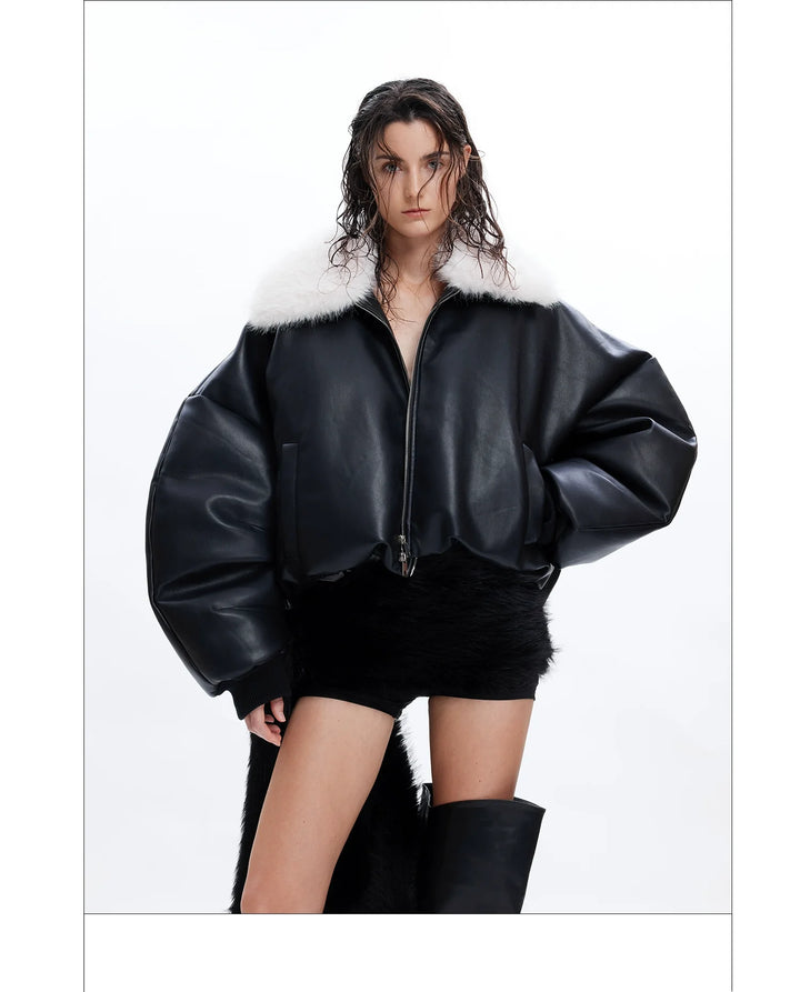 Faux Fur Collar Leather Bomber Jacket with Asymmetrical Design - ArgueCulture