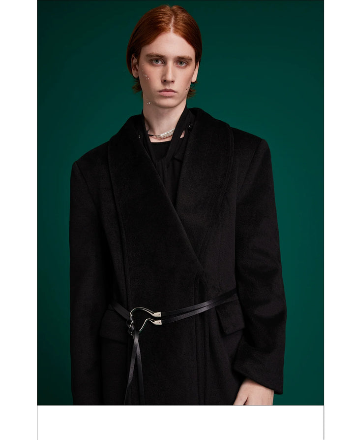 Metal Strap Wool Long Coat with Oversized Scarf Lapel - ArgueCulture