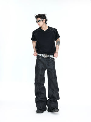 Boxy Black Rivet V-Neck T-Shirt - product image 5