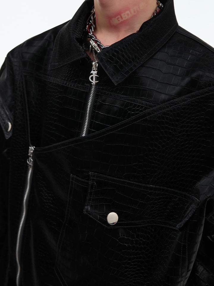 Glossy Crocodile Print PU Leather Jacket with Deconstructed Design - ArgueCulture