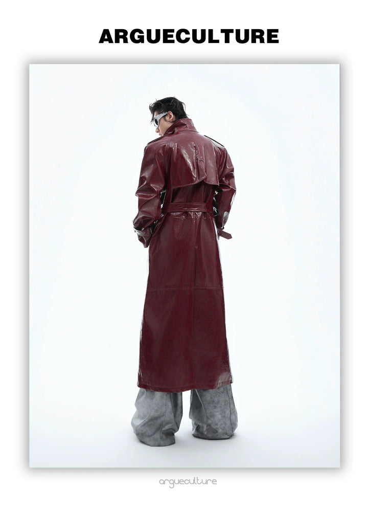 Futuristic Liquid-Look Faux Leather Trench Coat with Shoulder Pads - ArgueCulture