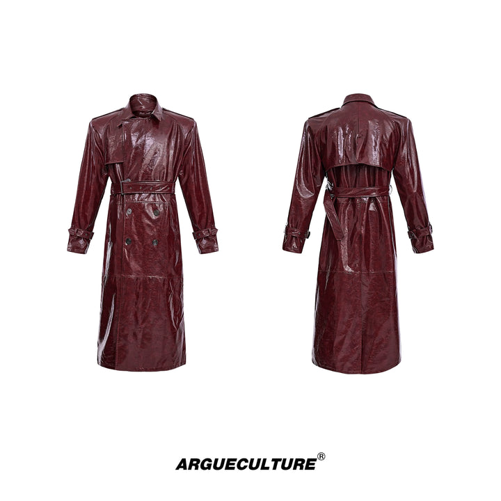 Futuristic Liquid-Look Faux Leather Trench Coat with Shoulder Pads - ArgueCulture