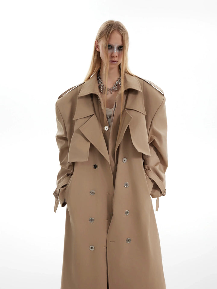 Retro Deconstructed Long Trench Coat with Double-Breasted Design - ArgueCulture