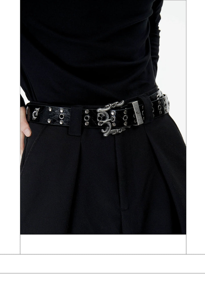 Retro Punk Genuine Leather Belt with Rivet and Metallic Logo - ArgueCulture