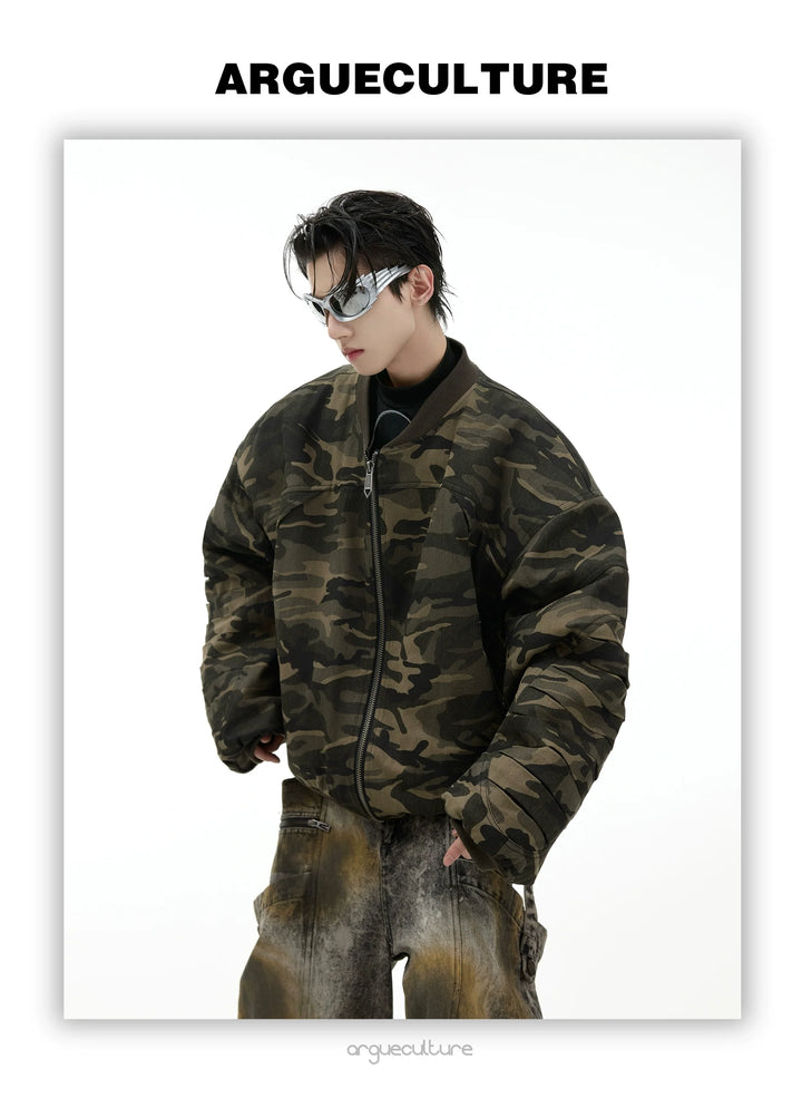 Camo Baseball Jacket with Graffiti and Oversized Pockets - ArgueCulture