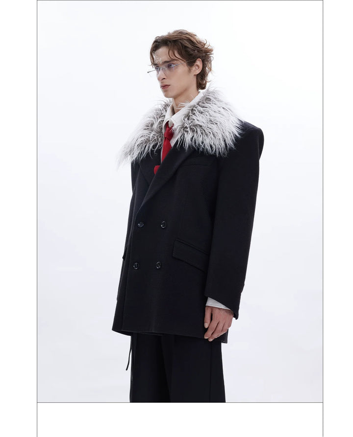 Detachable Fur Collar Double-Breasted Suit Jacket for Men - ArgueCulture