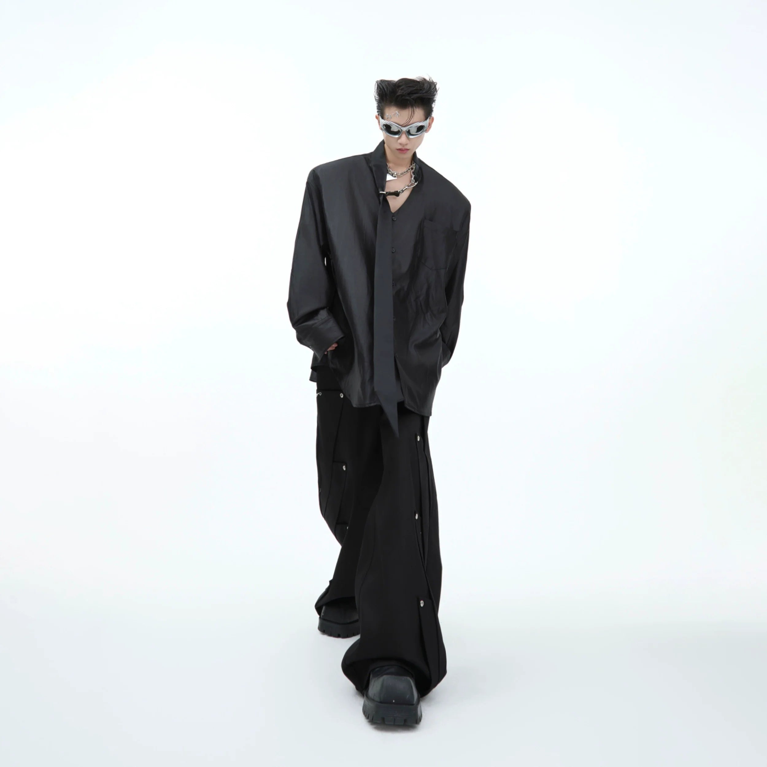 Lustrous Tie-Detailed Shirt ¡§C Modern Elegance with Metallic Accents - ArgueCulture