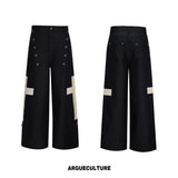 Black wide-leg jeans with button rows and cross patches, front and back views